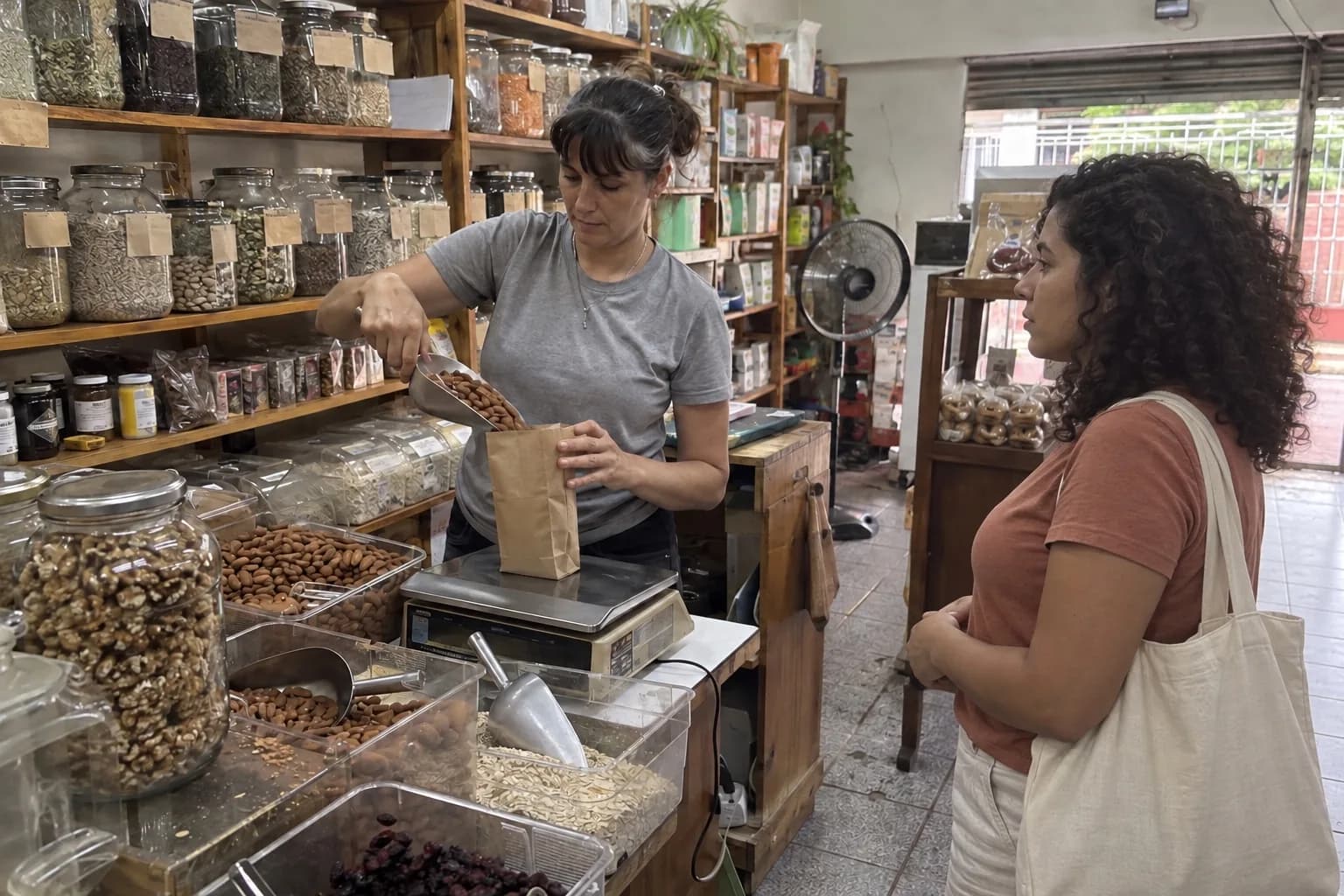 Dueña de una dietética pesando almendras en una bolsa de papel frente a los frascos de granel