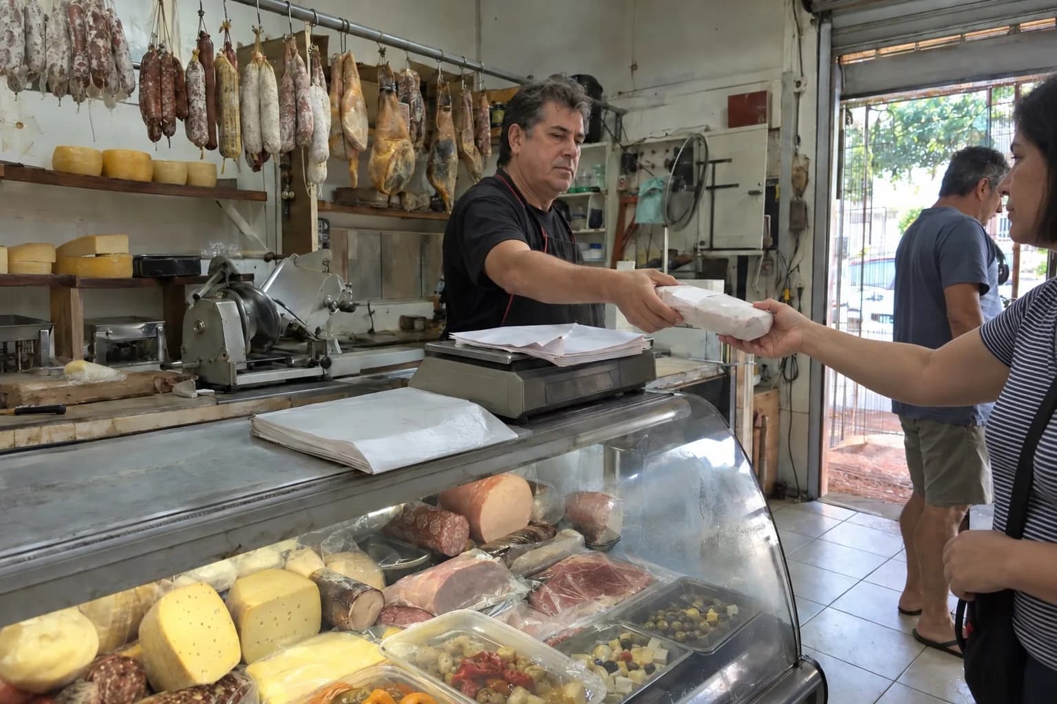 Fiambrero entregando un paquete de fiambre sobre la vitrina de quesos y fiambres