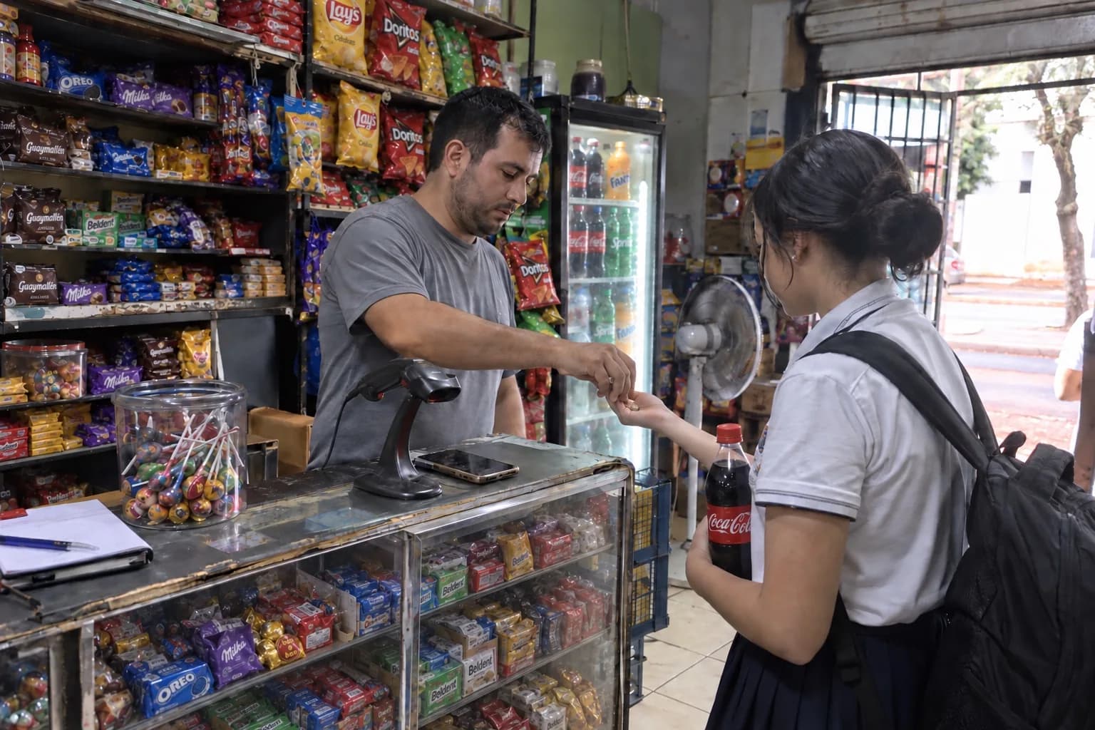 Kiosquero dando el vuelto a una estudiante con uniforme en el mostrador de un kiosco