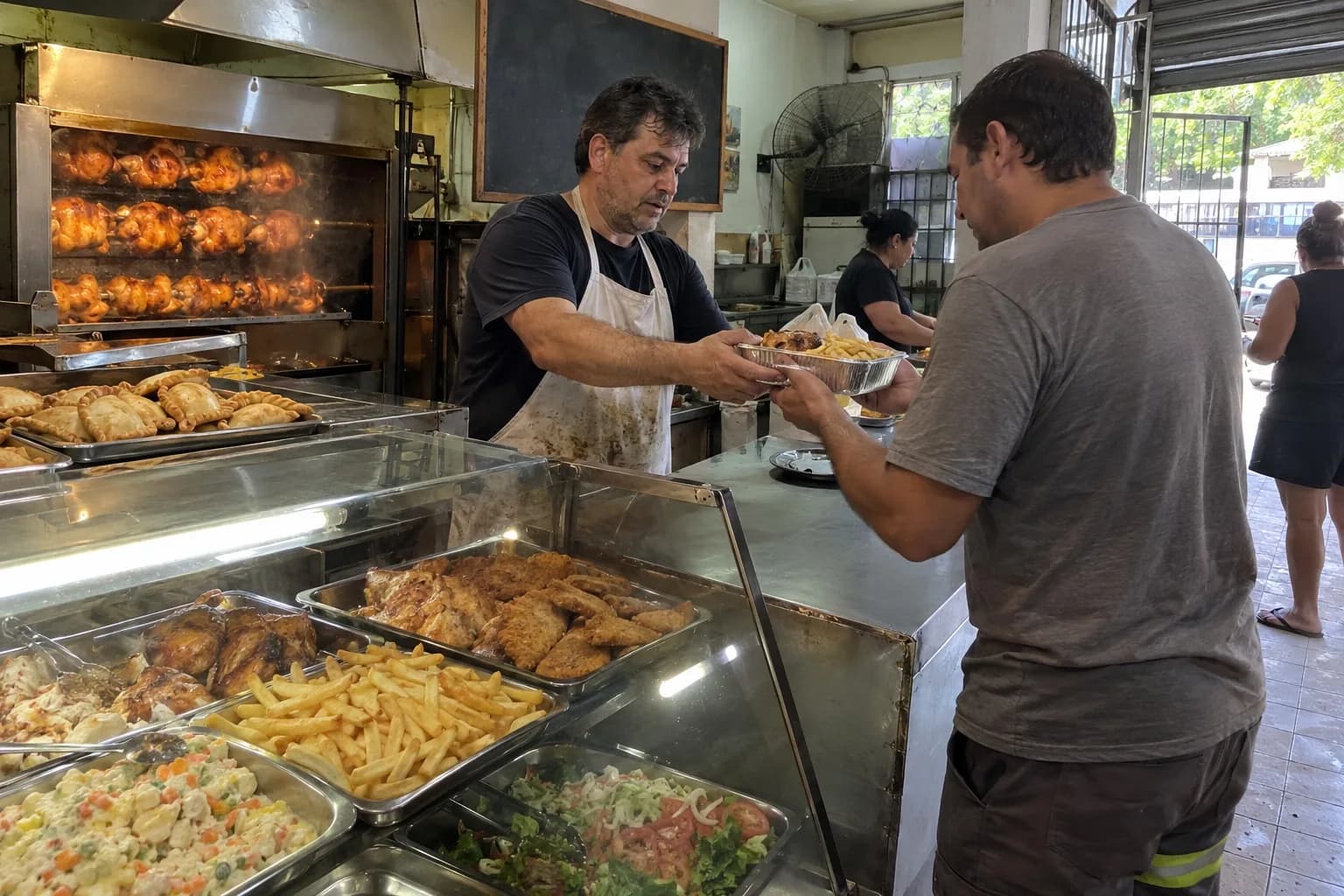 Cocinero de una rotisería entregando una bandeja de pollo con papas fritas junto al spiedo