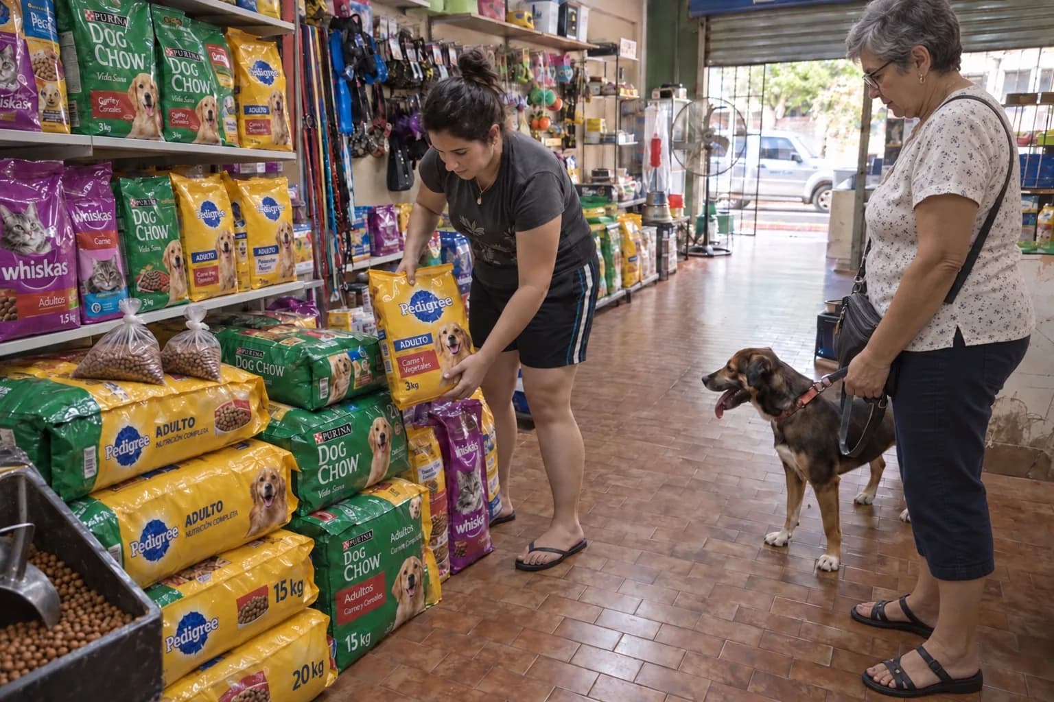 Empleada de una forrajería acomodando bolsas de alimento mientras una clienta espera con su perro